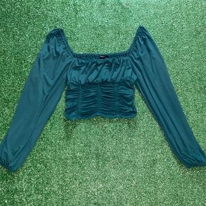 Women Knit Off The Shoulder Crop Top Long Sleeve (Emerald Green)